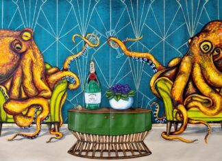 a painting of two octopus sitting on green chairs