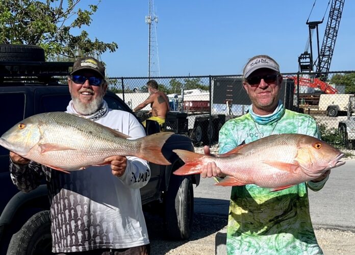 a couple of men standing next to each other holding fish