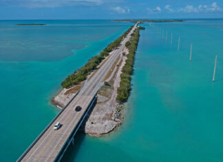 an aerial view of a bridge over a body of water