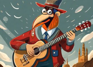 a cartoon character playing a guitar in the desert