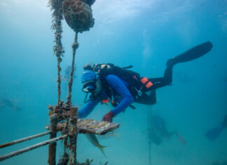 a man in a scuba suit is on a rope in the water