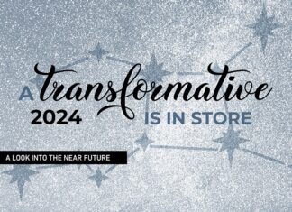 the words transformative is in store on a blue background