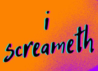 the word i screameth is written in black on an orange and pink background