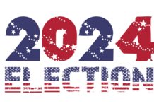 a red, white and blue sign with the words election on it