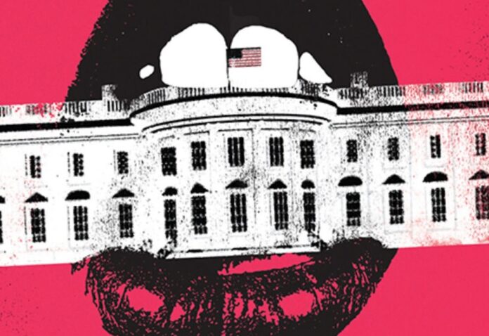 a white house with a red background and a woman's face in front of