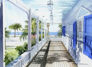 a painting of a porch with blue shutters