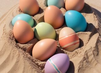 a bunch of eggs in a sand bowl