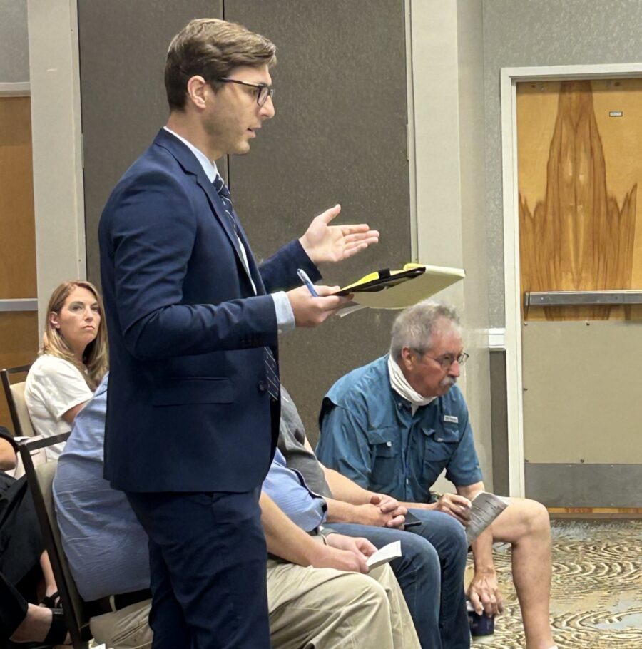 Attorney Zachary Zermay speaks to the Monroe County Tourism Development Council Board onf March 26, 2024, on behalf of his client, Stacey Mitchell. The board unanimously fired Mitchell from the TDC marketing director's job. GWEN FILOSA/Keys Weekly