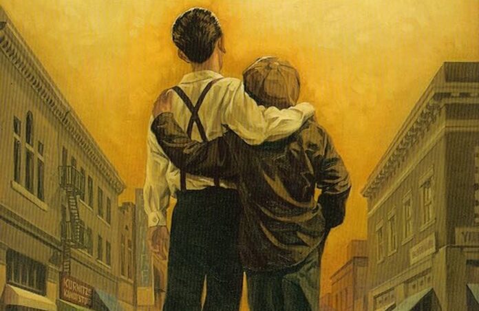 a painting of two people walking down a street