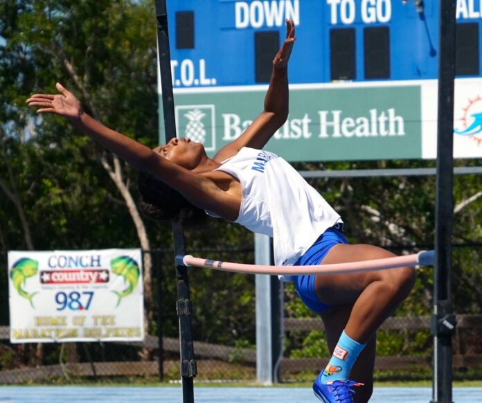 a woman jumping over a high bar in a competition