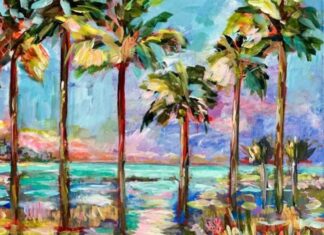 a painting of palm trees by the ocean