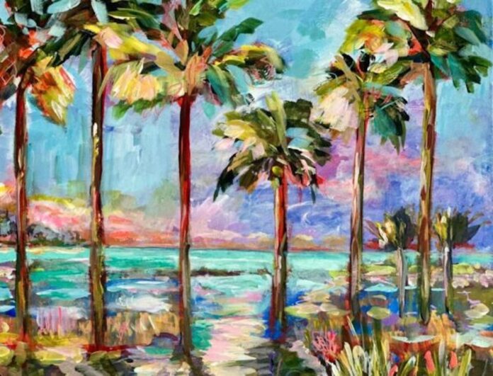 a painting of palm trees by the ocean