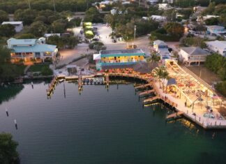 an aerial view of a dock with a restaurant on it