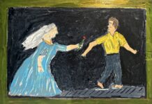 a painting of a man and a woman holding hands