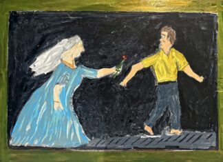 a painting of a man and a woman holding hands