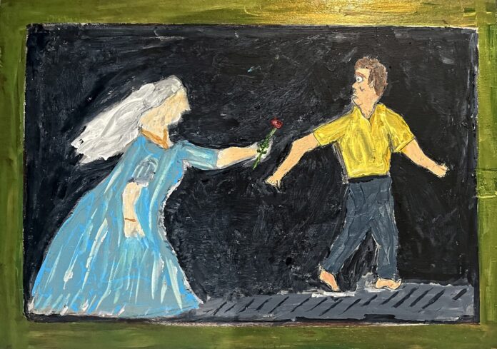 a painting of a man and a woman holding hands