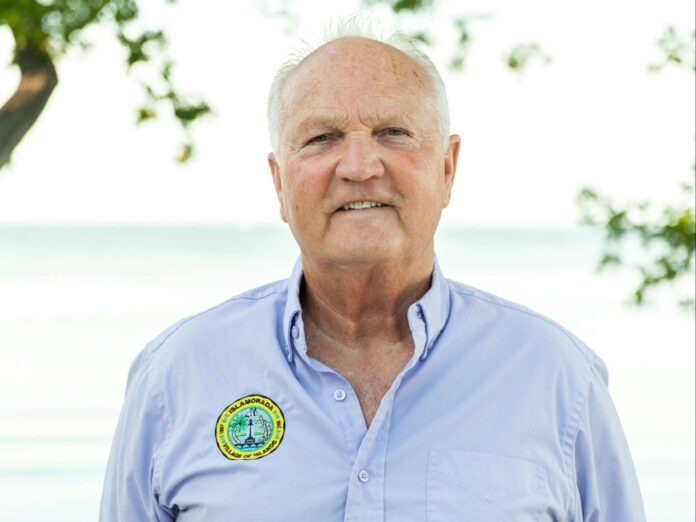 a man in a blue shirt standing in front of a tree