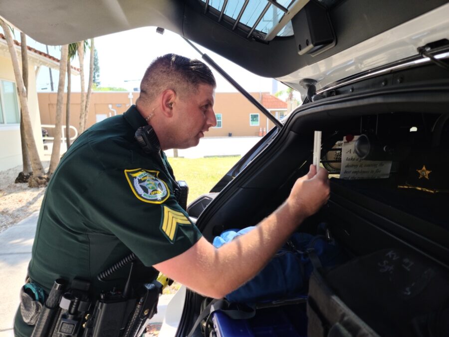 a police officer is looking into the back of a car