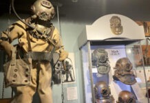 a display of diving gear in a museum