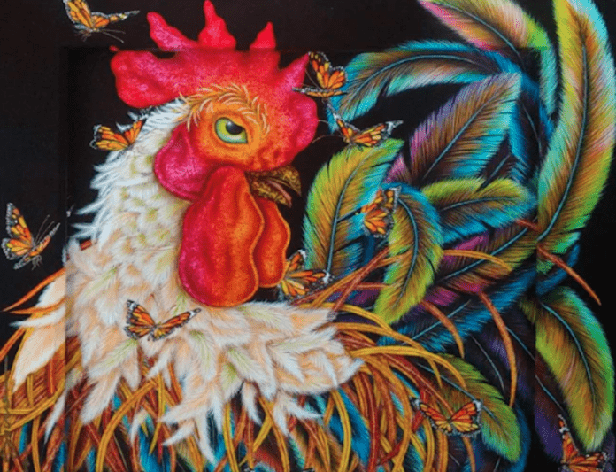 a painting of a rooster with colorful feathers