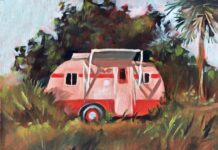 a painting of a red and white trailer parked in a field