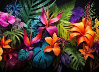 a painting of tropical flowers and leaves