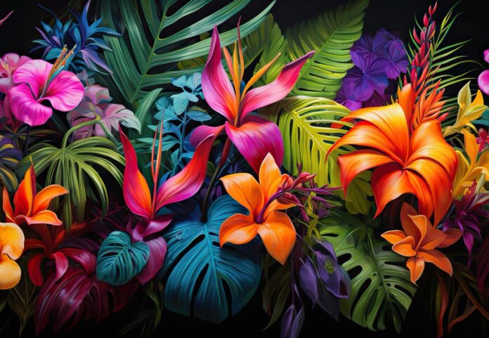 a painting of tropical flowers and leaves