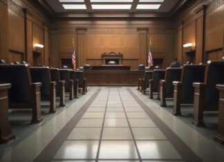 FLORIDA KEYS WITNESS A JURY DUTY SCAM an empty courtroom with wooden chairs and a skylight
