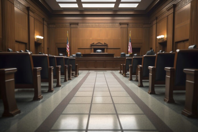 an empty courtroom with wooden chairs and a skylight