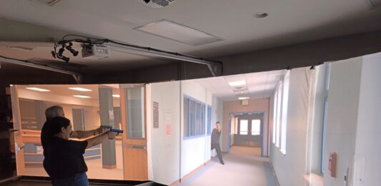a woman standing in front of a projector screen