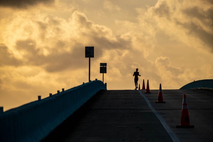 a person standing on top of a bridge under a cloudy sky