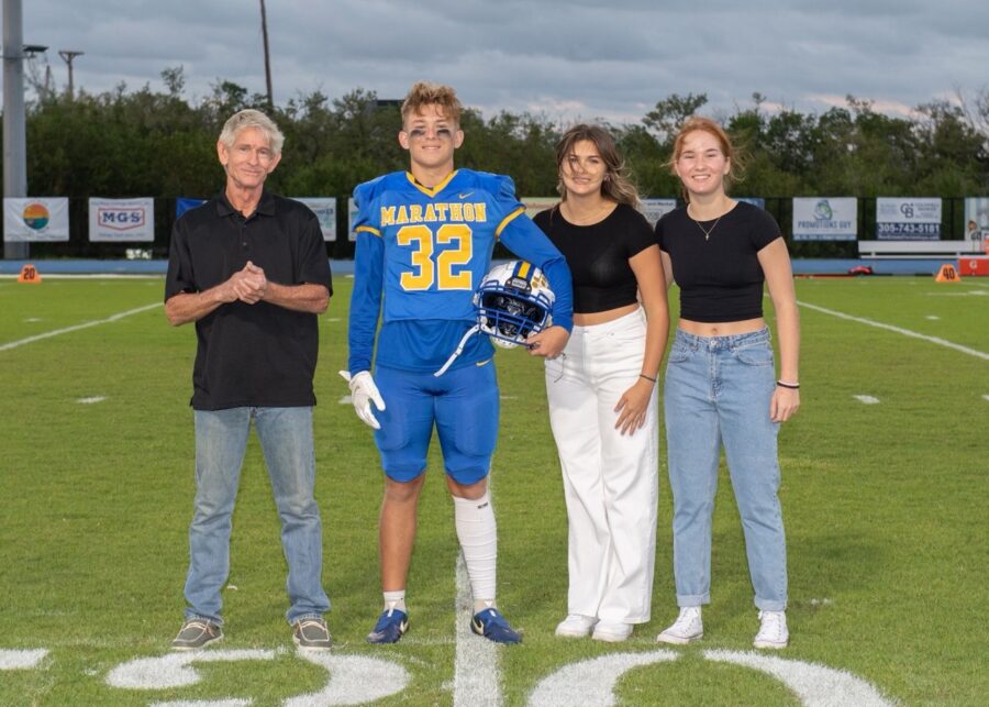 a group of people standing on top of a football field
