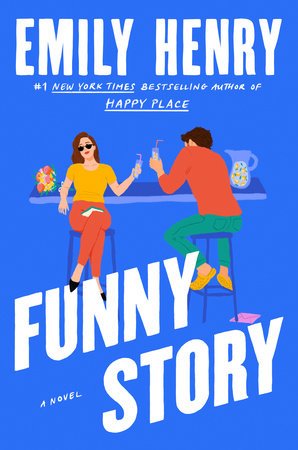 a book cover of funny story with a man and a woman sitting at a table