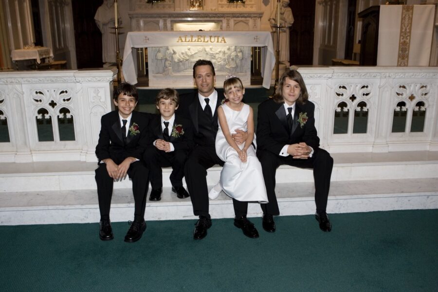 a group of people that are sitting on a bench