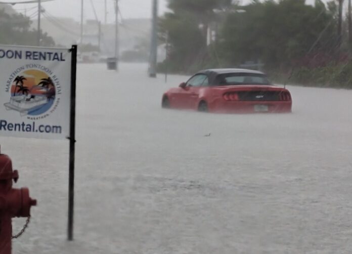 a red fire hydrant sitting in the middle of a flooded street