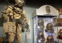 a display of diving gear in a museum