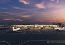 a rendering of an airport at sunset