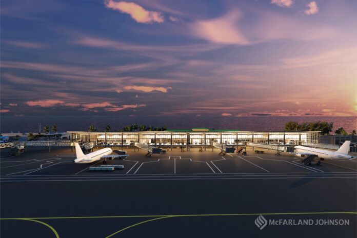 a rendering of an airport at sunset