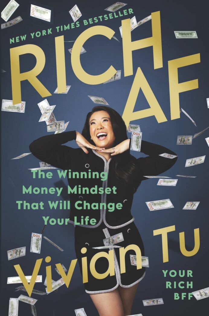a book cover with a woman surrounded by money