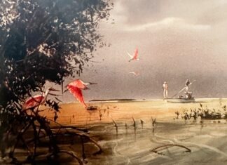 a painting of a beach with birds flying over it