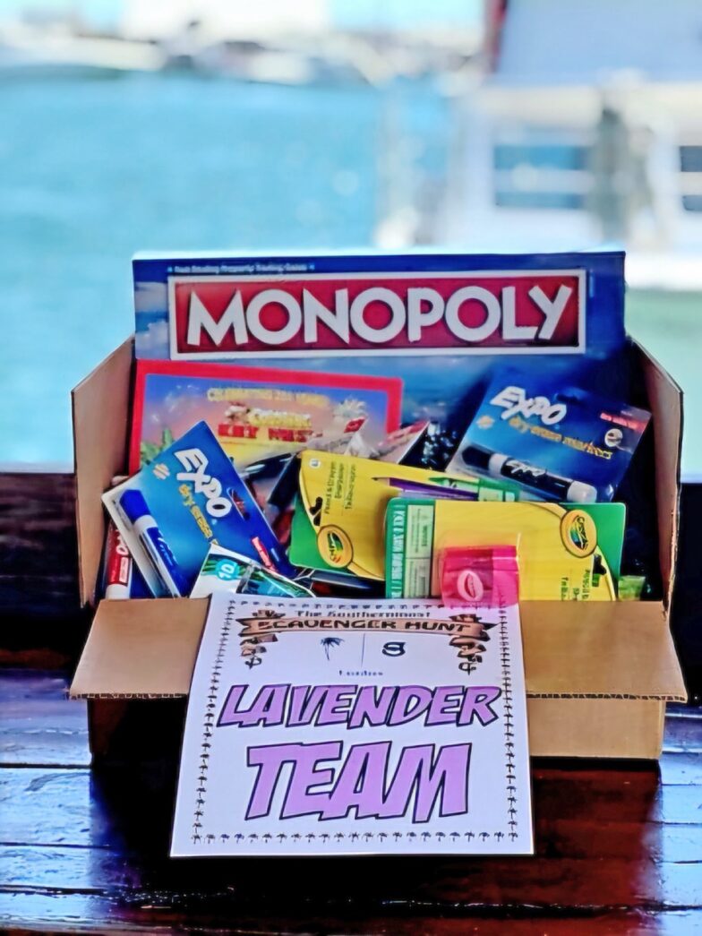 a box of monopoly sitting on top of a wooden table