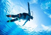 a person in a scuba suit is swimming in the water