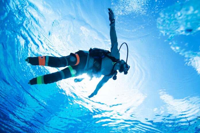 a person in a scuba suit is swimming in the water