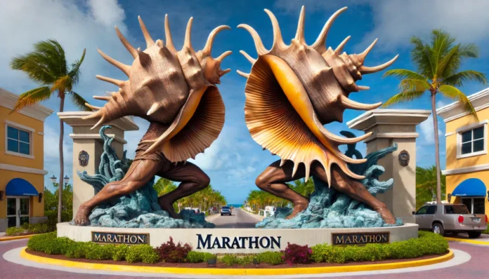 a statue of two large sea creatures in front of a building