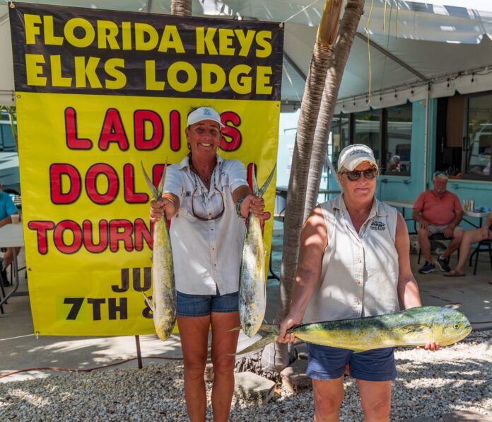 a couple of women standing next to each other holding fish