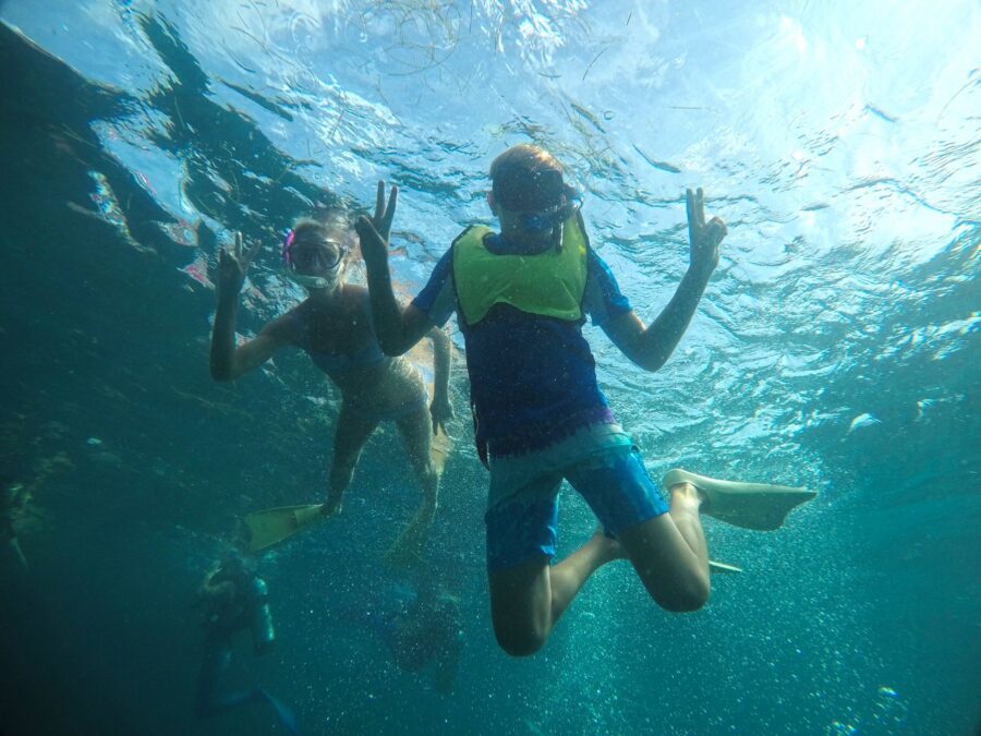 a group of people swimming in the ocean