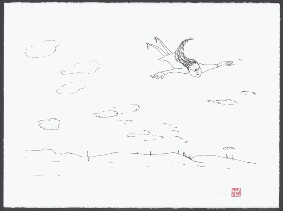 a drawing of a bird flying in the sky