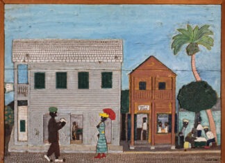 a painting of people walking down a street