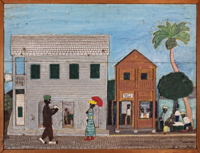 a painting of people walking down a street