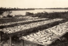 an old photo of a long table with many plates on it